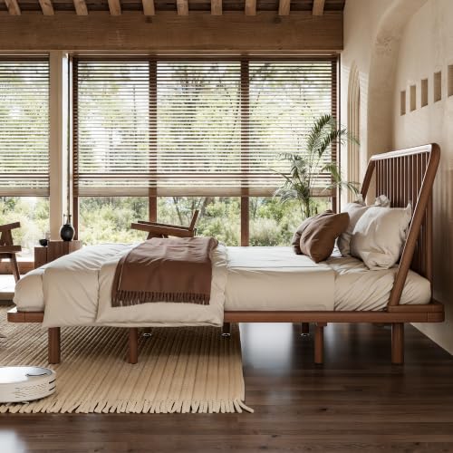 Image of Bellemave Queen Size Bamboo Bed Frame with Slatted Slanted Headboard,Brown