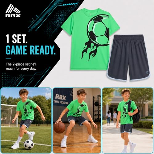 Image of RBX Boys Athletic Shorts Set - 2 Piece Active Performance Graphic Tees and Mesh Gym Shorts for Boys With Elastic Waistband