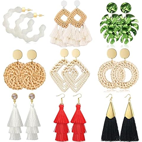 TOSGMY 9 Pairs Rattan Earrings for Women Handmade Boho Tassel Earrings Lightweight Acrylic Earrings Set (B) Cover
