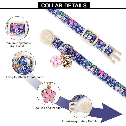 Lionet Paws Pacote com 2 coleiras de algodão para gatos, fivela separável com estampa floral e dinos