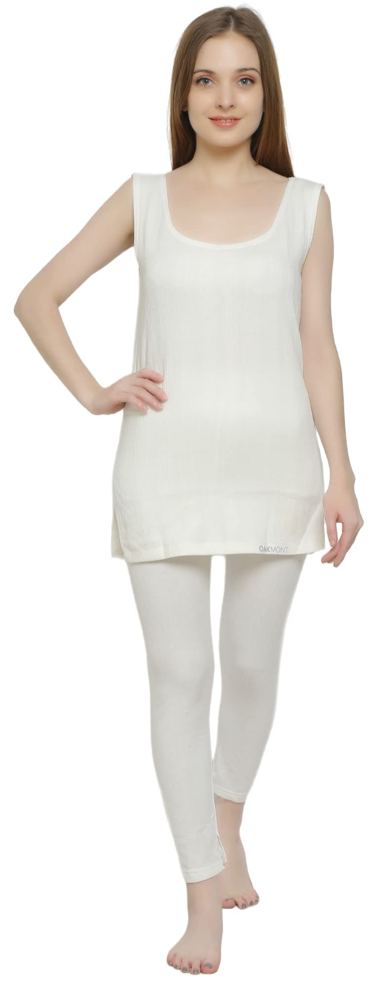 Women's Super Soft Thermal Winter Wear Body Warmer in Off White and Grey Top-Bottom Set