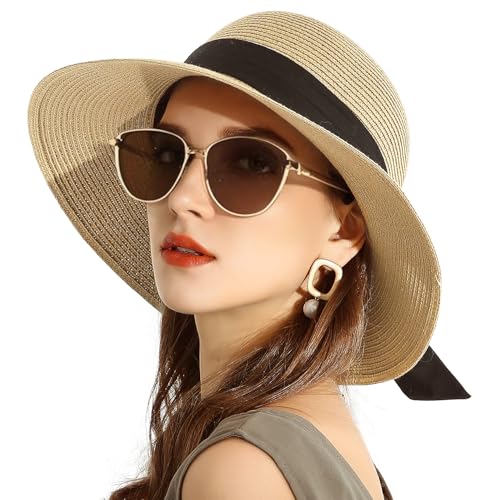 SOMALER Womens Straw Sun Hats Wide Brim Foldable Beach Hats UV UPF 50+ Summer Sun Travel Hat for Women