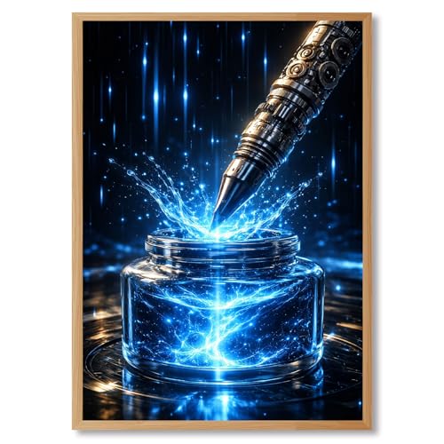 Light Oak Framed Futuristic Metallic Pen with Electric Ink Splash Poster Canvas Print Art Modern Contemporary Stunning Wall Art Painting Pictures Wall Decor for Office Home Decoration (Light Oak,12W"X16L")