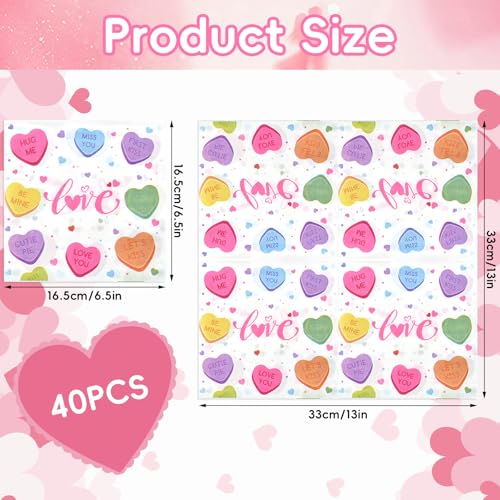 Image of 40 Pack Valentine's Day Paper Napkins - 13 x 13 Inches Colorful Heart Love Message Disposable Serviettes Luncheon Cocktail Napkin Party Supplies for Weddings, Anniversaries, and Romantic Celebrations