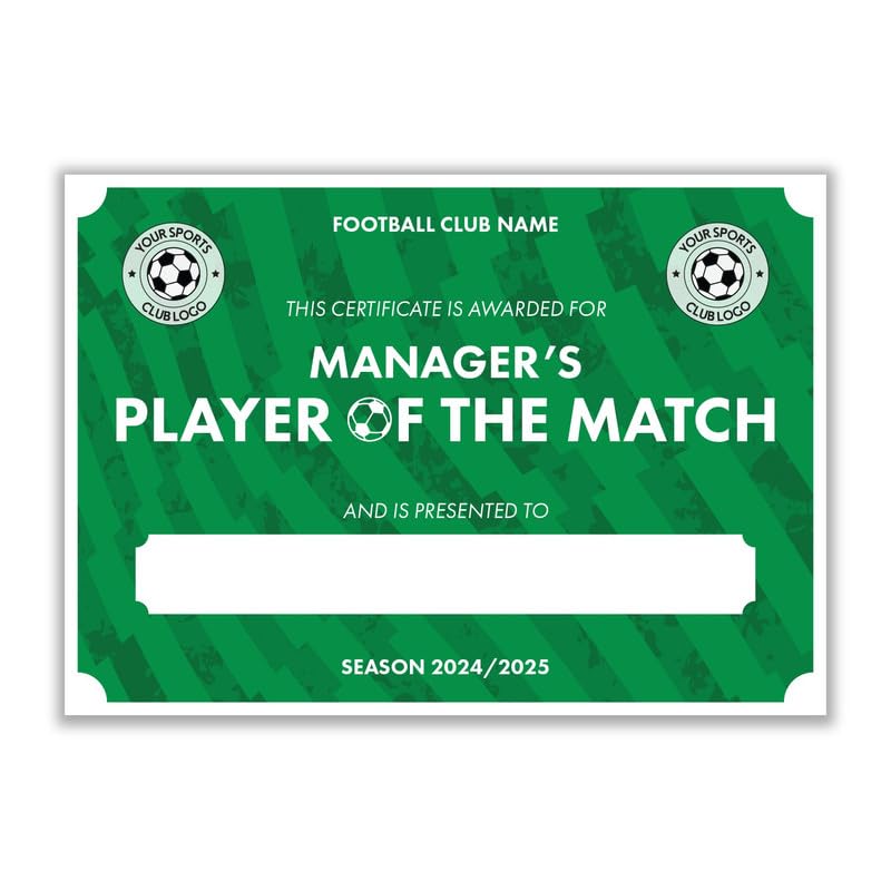 Custom Personalised Football Club Award Certificates – MANAGER’S PLAYER OF THE MATCH – Add Club Name & Logo – Youth & Adult Team Awards, Green, 50 Pack x A5