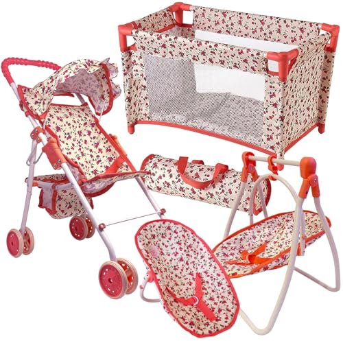 Image of Deluxe Baby Doll Stroller and Crib Furniture Playset, Multi Baby Doll Accessories Set for 18" Dolls, Includes Doll Stroller Swing and Doll Bed Pretend Play for All Dolls - Floral