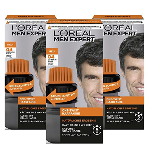 L'Oreal Men Expert One Twist Tinte para el cabello 04, color marrón natural, 50 ml, 3 unidades