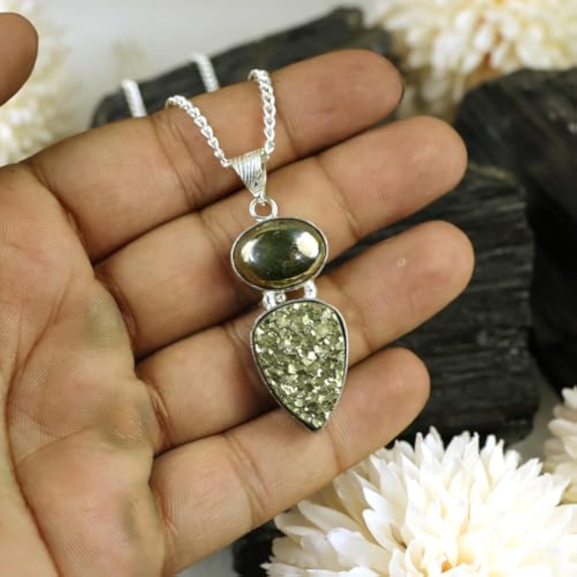Natural Pyrite Pendant with Metal Chain, Unisex Gemstone Locket