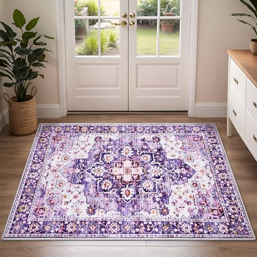 GREFFY Entrance Rugs Indoor 2x3 Entry Rug Doormat, Washable Vintage Small Area Rug Non-Slip Low Pile Throw Rugs for Entryway, Kitchen Floor, Front Indoor Door Mat, Bathroom, Bedroom Bedside, Purple