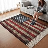Bedroom Runner Rug 3x5 Feet, Retro American Flag Area Rug with Tassel, Washable Woven Throw Runner Carpet, Red Blue Flag Vintage Wooden Stainproof Living Room Carpet for Bedside