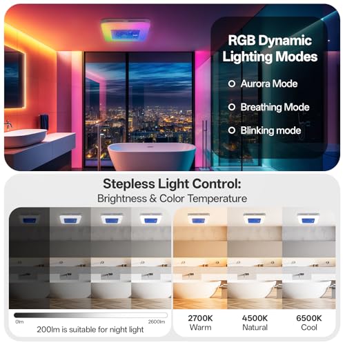 Image of Bathroom Exhaust Fan with Humidity Sensor, 230 CFM 1.0 Sone Ventilation Fan, 3 Dynamic Light and 3CCT Light (2700-4500-6500K), 11.22 inch x 11.22 inch Mount, Remote Control (Stellar Night)