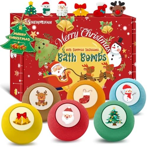 Christmas Bath Bombs for Kids -6 Pack Organic Surprise Toys Inside, Gentle Formula Creates Rainbow Bubbles, Perfect Holiday Gifts and Stocking Stuffers for Children Girls Boys