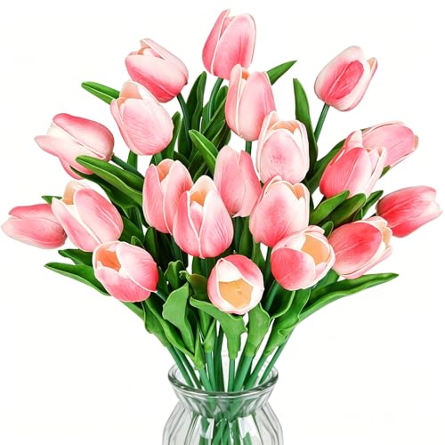ADORAMOUR Tulipes Artificielles Rose Dégradé - 20 Pièces 34cm Bouquet de Fleurs Artificielles, Toucher Réel PU Décor Floral pour Vase, Table Mariage, Intérieur Maison, Printemps Pâques & Fête