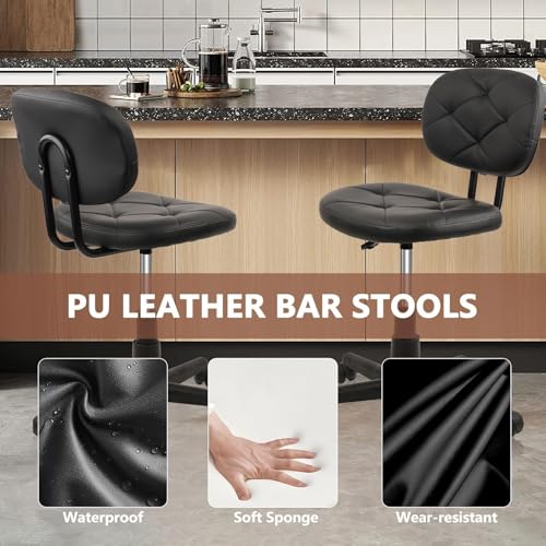 Image of KLASIKA PU Leather Rolling Stool with Back and Wheels, Adjustable Diamond Upholstered Drafting Stool, Multi-Purpose Desk Chair for Home Office Bar Kitchen Shop, Black (4PK)