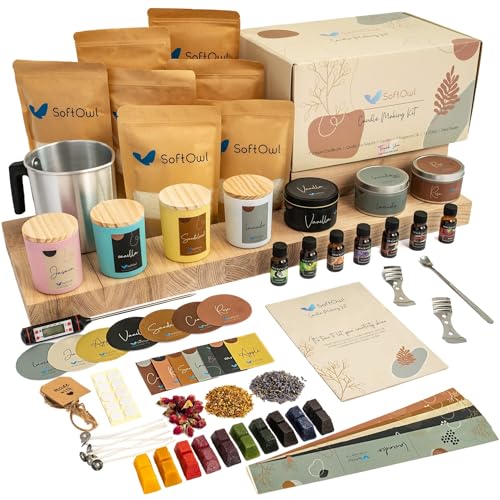SoftOwl Premium Soy Candle Making Kit – Full Set – Soy Wax, Big 7oz Jars & Tins, 7 Pleasant Scents, Color Dyes & More – Perfect as Home Decorations – DIY Starter Scented Candles Making Kit