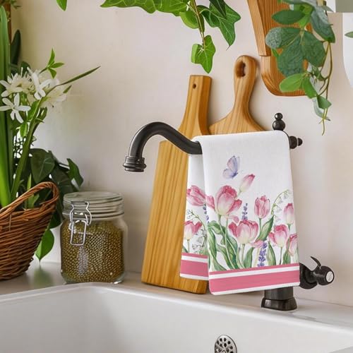 Image of Summer Pink Tulips Floral Kitchen Towels, Lavender Dish Towels Set of 2, Spring Butterfly Flowers 18 x 26 Inch Hand Towel Quick Drying Dishcloth Decor for Kitchen Bathroom Home
