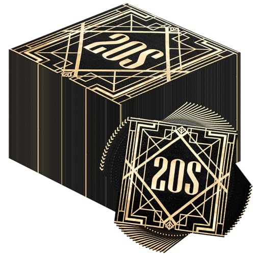 Crtiin 100 Pcs Roaring 1920s Party Napkins Bulk Black and Gold Disposable