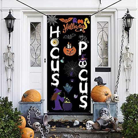 WEBSUN Halloween Door Decorations Hocus Pocus Door Cover, Large Fabric Halloween Party Decorations Sign for Front Door, Porch Decorations, Halloween Party Supplies Indoor Outdoor Cover