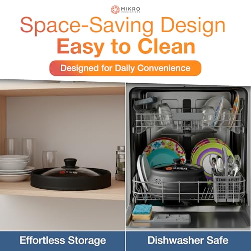 Image of Mikro Innovations Glass & Silicone Microwave Splatter Cover - Tall and Collapsible Design that fits 6-10.5in Plates and Bowls - Space Saving, BPA Free & Dishwasher Safe (1, Black, large)