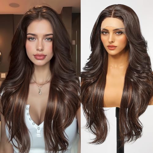 testar Dark Brown 13×4 Lace Front Wig Long Blonde Body Wave Wigs for White Women Middle Part Synthetic Heat Resistant Fiber Wig for Daily Cosplay