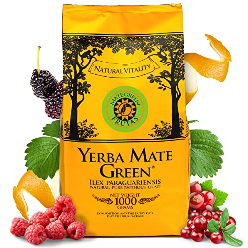 Yerba Mate Green Frutas | Grün Brasilianischer Mate-Tee 1000g | Kranichbeere | Schwarze Johannisbeere Obst | Goji-Beeren | Orangenschalen | Erdbeerblatt I Apfelaroma | Nicht Rauchgetrocknet Cover