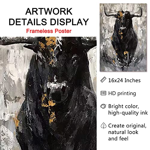 Bull Cow Canvas Wall Art Abstract Cow Painting For Bathroom Texas Cow Picture Black Cattle Poster Longhorn Art Print Rustic Farmhouse Country Animal Wall Art Fighting Bull Artwork 16X24Inch No Frame #TOP3