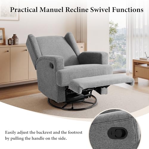 Image of Swivel Rocker Recliner Chairs Set of 2, 360 Swivel Wingback Recliner Chairs for Adults, Upholstered Glider Rocking Chair with High Back, Deep Seat for Living Romm Bedroom, Cotton Linen, Light Gray