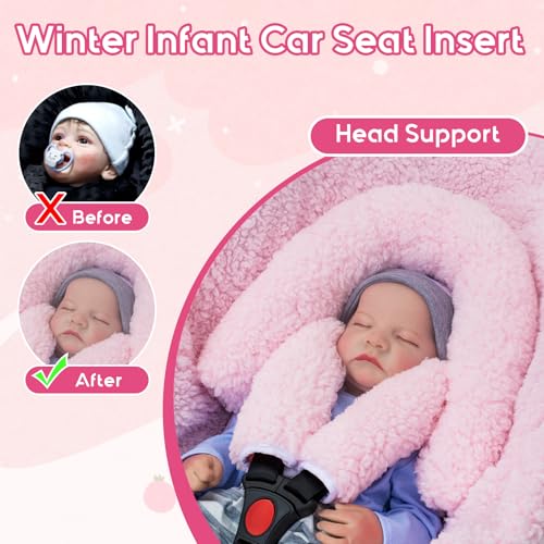 Winter Infant Car Seat Insert, Newborn Car Seat Head Support with 2 Car Seat Strap Pads, Plush Fleece Car Seat Cushion for Baby, Warm Stroller Padding for Swing, Bouncer, Rocker, Carseat