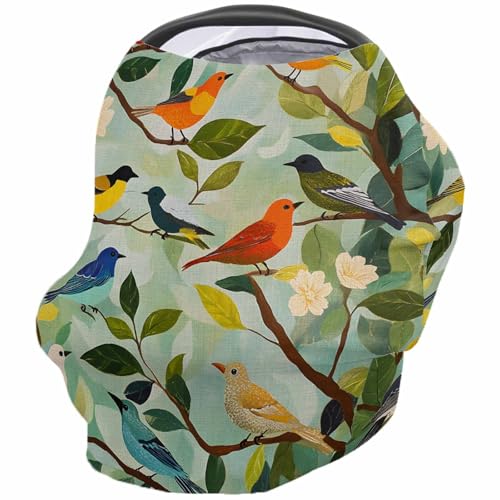 Orange Bird Country Nursing Cover for Breastfeeding Scarf, Green Branch Leaves Oil Painting Spring Baby Car Covers Super Soft Multi Use for Canopy Shopping Cart Cover Blanket Stroller Cover