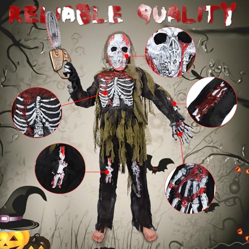 Ulikey Déguisement Zombie Enfants, Ensemble de Costumes de Zombie Squelette pour Halloween, Déguisement Squelette Enfants avec Jouets de Tronçonneuse, Gants de Squelette et Masque de Zombie (M)