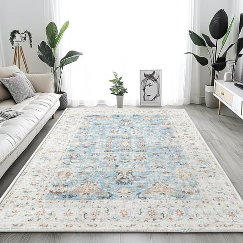 TOPICK Blau Teppich Wohnzimmer Waschbar Superdünne Vintage Blumen Läufer Perserteppich Kurzflor...