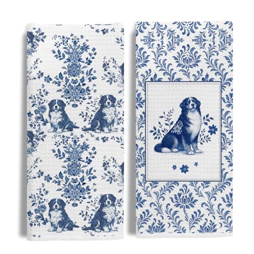 Image of Chinoiserie Bernese Mountain Dog Kitchen & Hand Towels Set of 2, Blue and White Floral Dog Dish & Tea Towels for Kitchen Bathroom Decor, Vintage Toile Dog Lover Gifts for Women 16x24 Inch