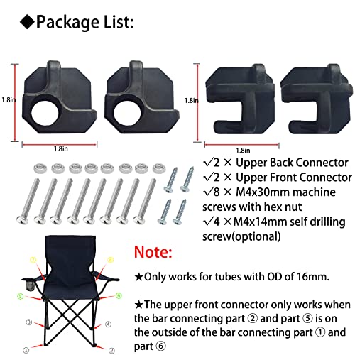Kk Magsun Camping Chair Repair Accessories, 2 Pack Upper Back And 2 Pack Upper Front Attachment Connector Replacement, Heavy Duty Repair Part For Folding Bag Sports Camp Chair, Screws Included #TOP2