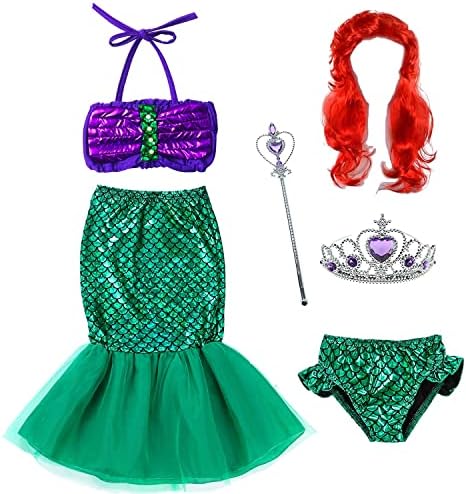 Elibelle The little girls mermaid princess swimwear dress costume wig tiara wand(3-4Years)