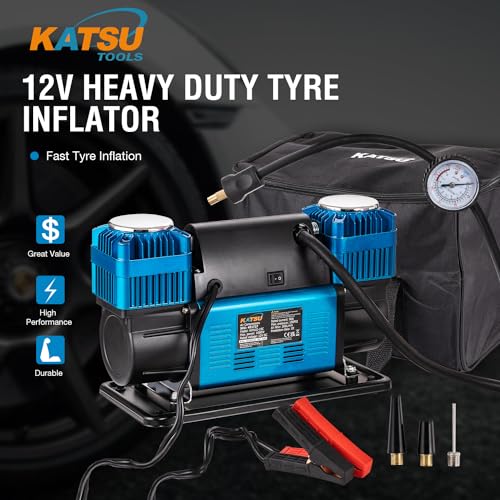 KATSU Tools Profesional Inflador de Neumáticos de Coche con Doble Pistón, 150 PSI 12V 90Amp Portátil Gran Volumen Compresor de Aire Bomba de Neumáticos para 4WD Auto Van Camiones Inflables - imagen 2