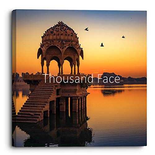 Ancient temple ruins at Gadi Sagar lake Jaipur Rajasthan at sunrise Square Canvas Wall Art Picture Home Decoration