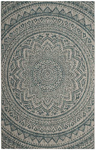 Safavieh Contemporary Indoor/Outdoor Woven Rectangle Area Rug, Courtyard Collection, CY8734, in Light Grey / Teal - Image 2