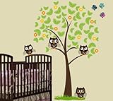 6ft Tree with 4 Owls, Butterflies, Grass and Flowers Wall Decal Art Sticker Kids Mural