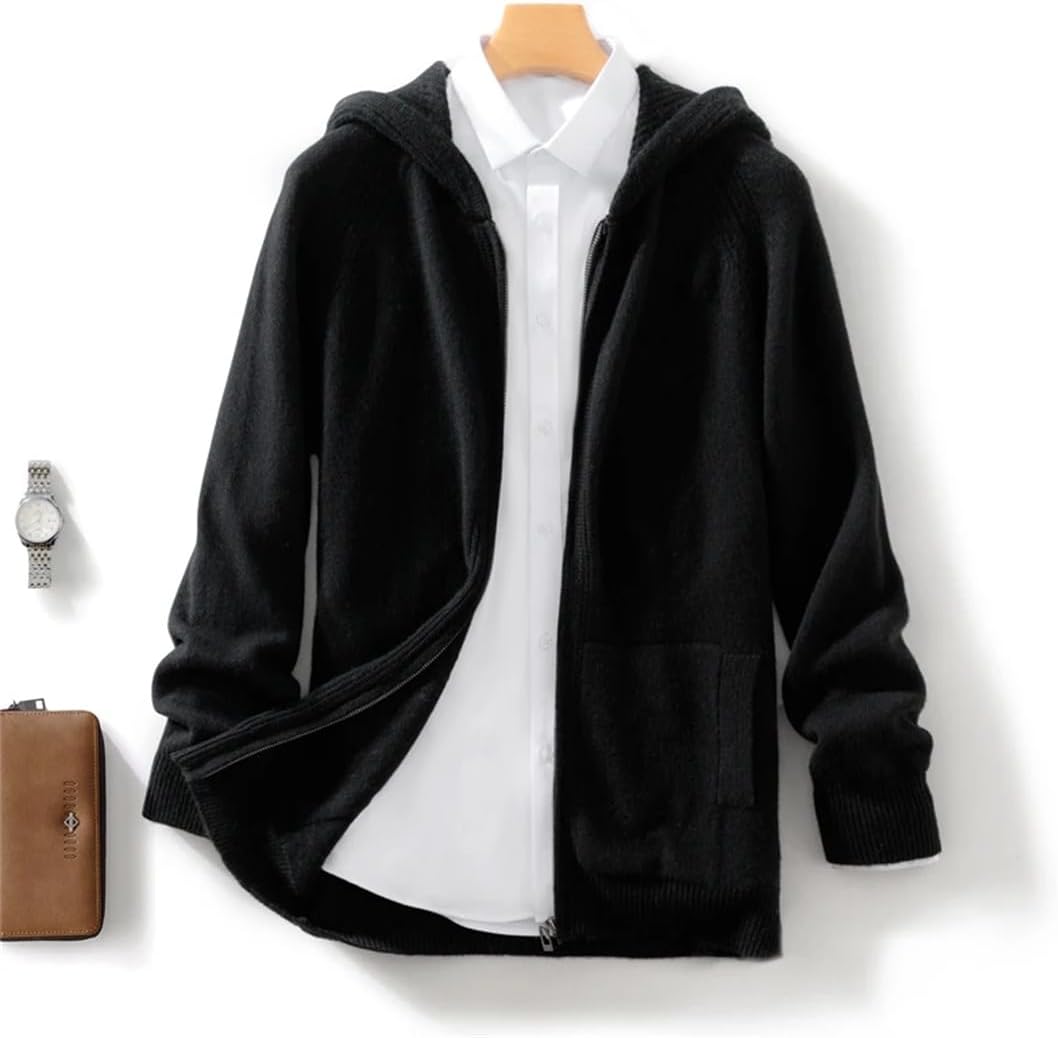 Mens 100% Merino Wool Sweater Hooded Zipper Cardigan Business Knitted Solid Jacket Long Sleeved Top