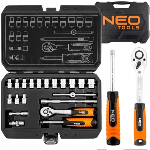 NEO TOOLS Juego de llaves tubulares de 1/4 pulgadas, 20 piezas, caja de carraca de acero CrV, caja de carraca con carraca 72T, tuercas de 3,5 – 14 mm, extensión, juego de herramientas profesionales