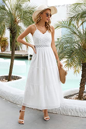 Image of Dokuritu Women's Beach Crochet Lace Maxi Dress Solid Color Summer Vacation Wedding Guest Spaghetti Strap Long Dress