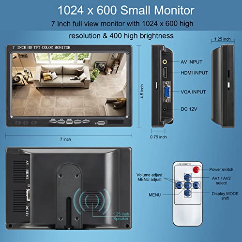 Image of 7 inch Portable Small HD 1080P VGA Monitor, Mini Screen 1024x600, HDMI /VGA /AV Input, with Speakers