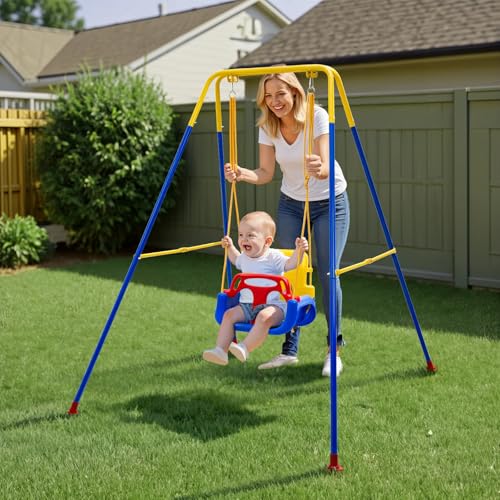 Warmiehomy 3 in1 Baby Swing Chair with Safety Harness Kids Swings for Garden Backyard Outdoor Indoor, Foldbale Toddler Swing Chair Play for Children Gift for 1 2 3 4-10 years old Boys Girls, Blue