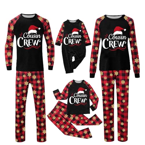 Matchande julkläder för familj nattkläder kusin gäng brev tryck buffel pläd jultomte hatt jamies långärmad toppar, Svart, XXL
