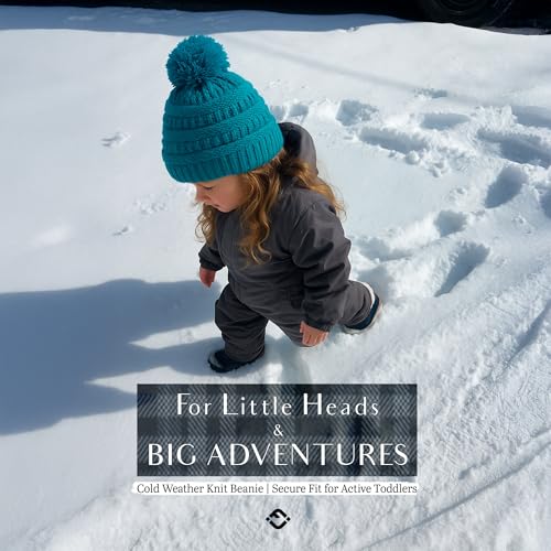 Funky Junque Toddler Pom Beanie – Warm Kids Winter Hat for Ages 1–4, Cozy Knit Snow Beanies for Baby Boys & Girls - Teal - Thumbnail 3