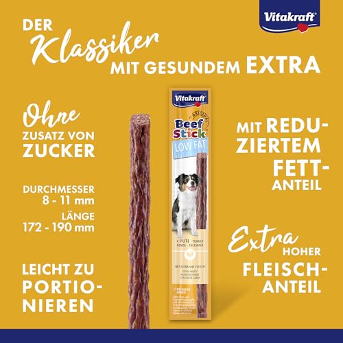 Vitakraft Beef Stick Low Fat, Hundeleckerli, Fleischstick Pute, Hunde Trainingsleckerli, für Hunde mit Gewichtsproblemen, ohne Zusatz von Zucker (50x 12g)
