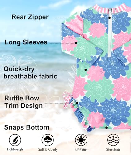 Image of BesserBay Baby Girl Swimsuit UPF 50+ Long Sleeve Zipper Snaps Bottom One Piece Rash Guard 0-36 Months