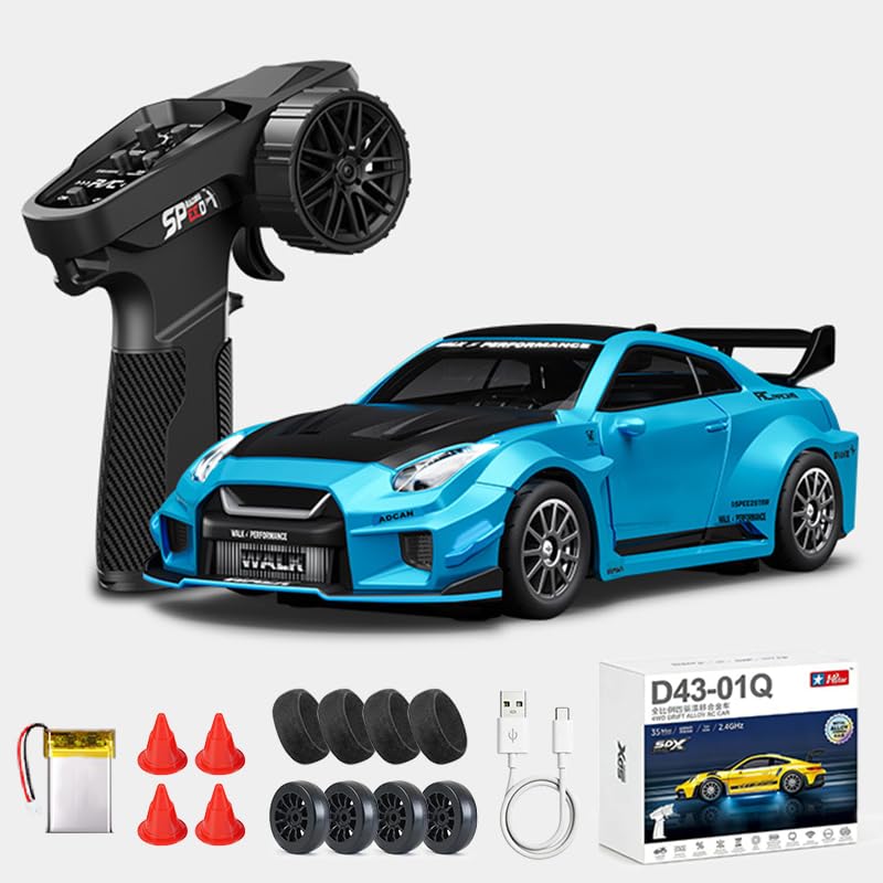 1:43 RC Drift Car, 2.4G Full Proportional 4WD Alloy 20KM/H High Speed RC Racing Car with Gyro, Silent Bearings, Adjustable Speed & Lighting(Q8/Blue/D43-02)