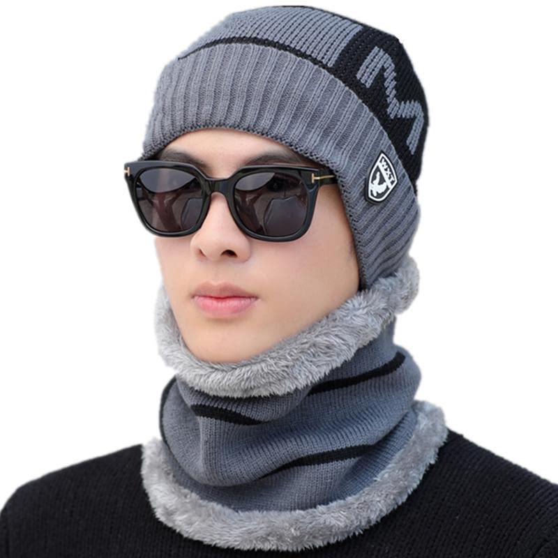 GenericWinter Beanie Hat Scarf Set for Men Woolen Knit Skull Cap Soft Wool Warm Fleece Lining Inside Fur Cap with Neck Warmer | Snow Proof Winter Capset