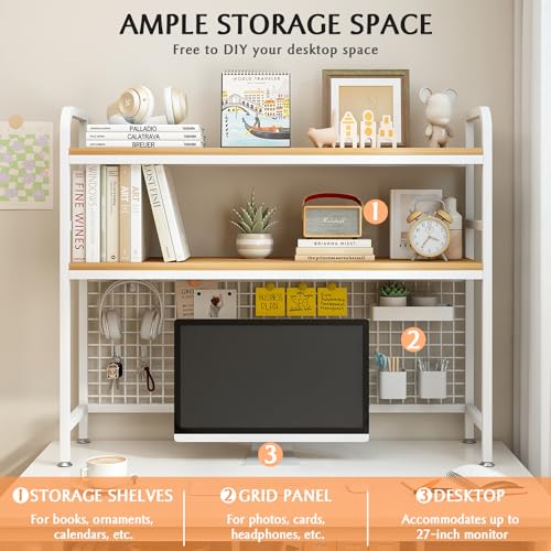 Image of IOTXY 2-Tier Desktop Hutch Bookshelf - Metal Desk Shelf Bookcase with Grid Panel, Countertop Storage Organizer Rack for Dorm or Office, White, 45.3 inch W